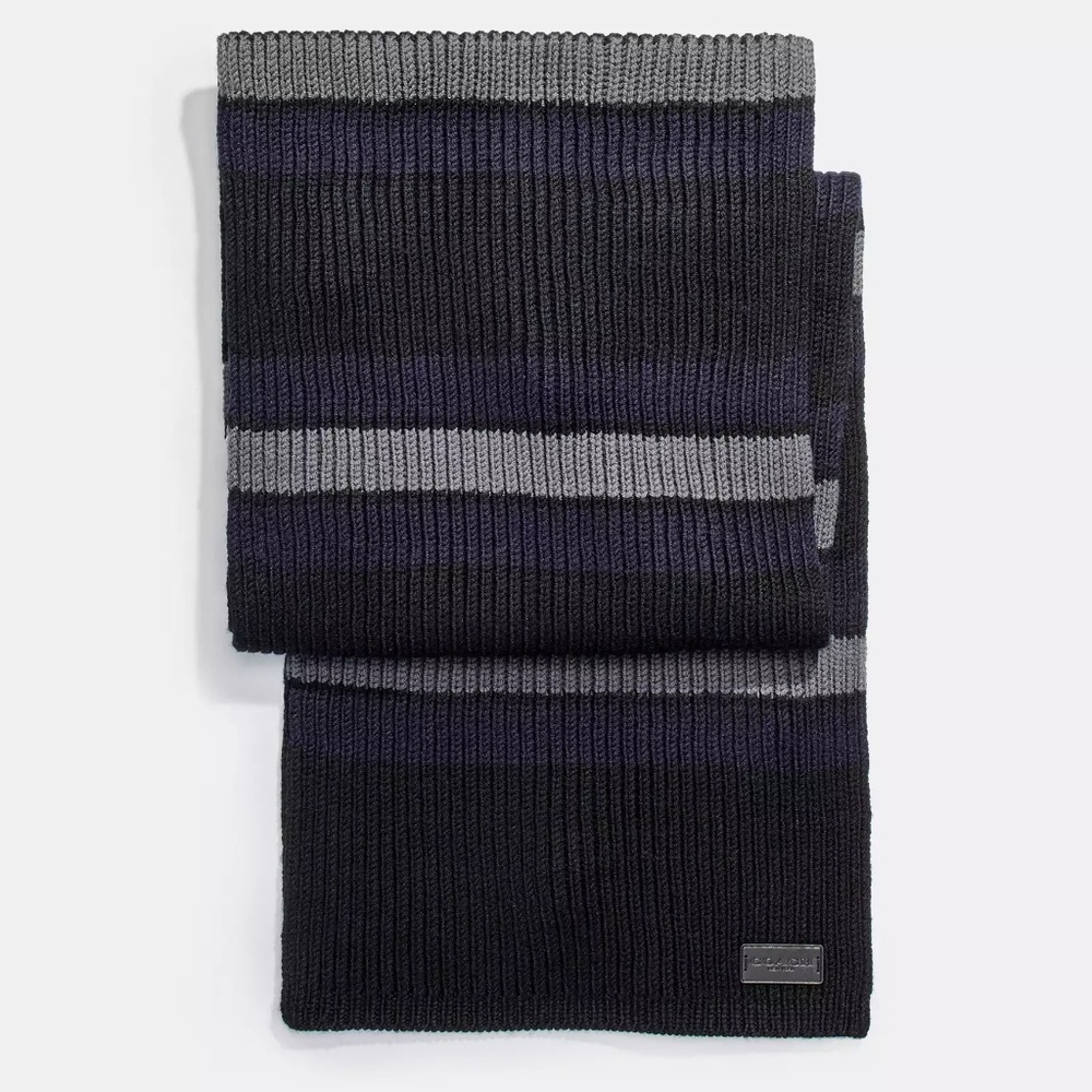 NWT Coach 100% Wool Black Gray Stripe Wool Varsity Scarf Preppy - Picture 2 of 5